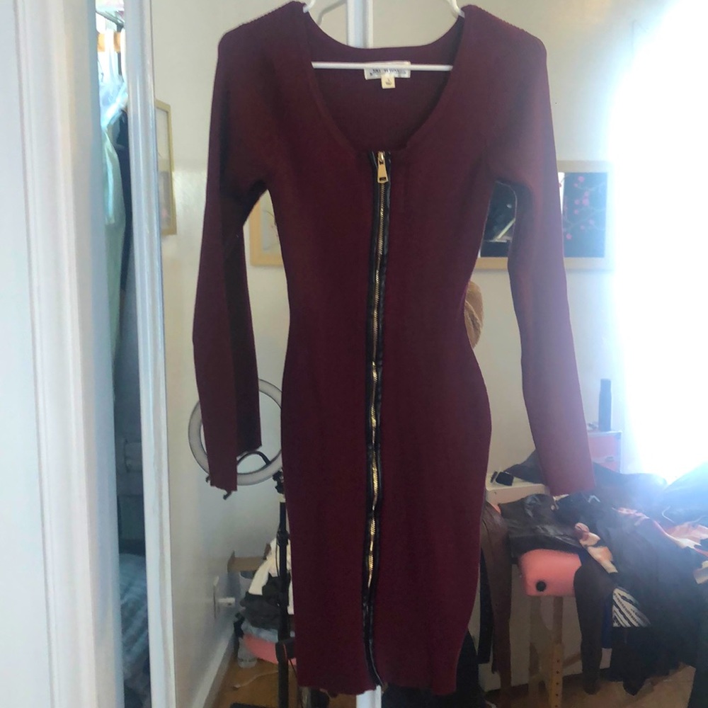Burgundy rib knit zip up dress .